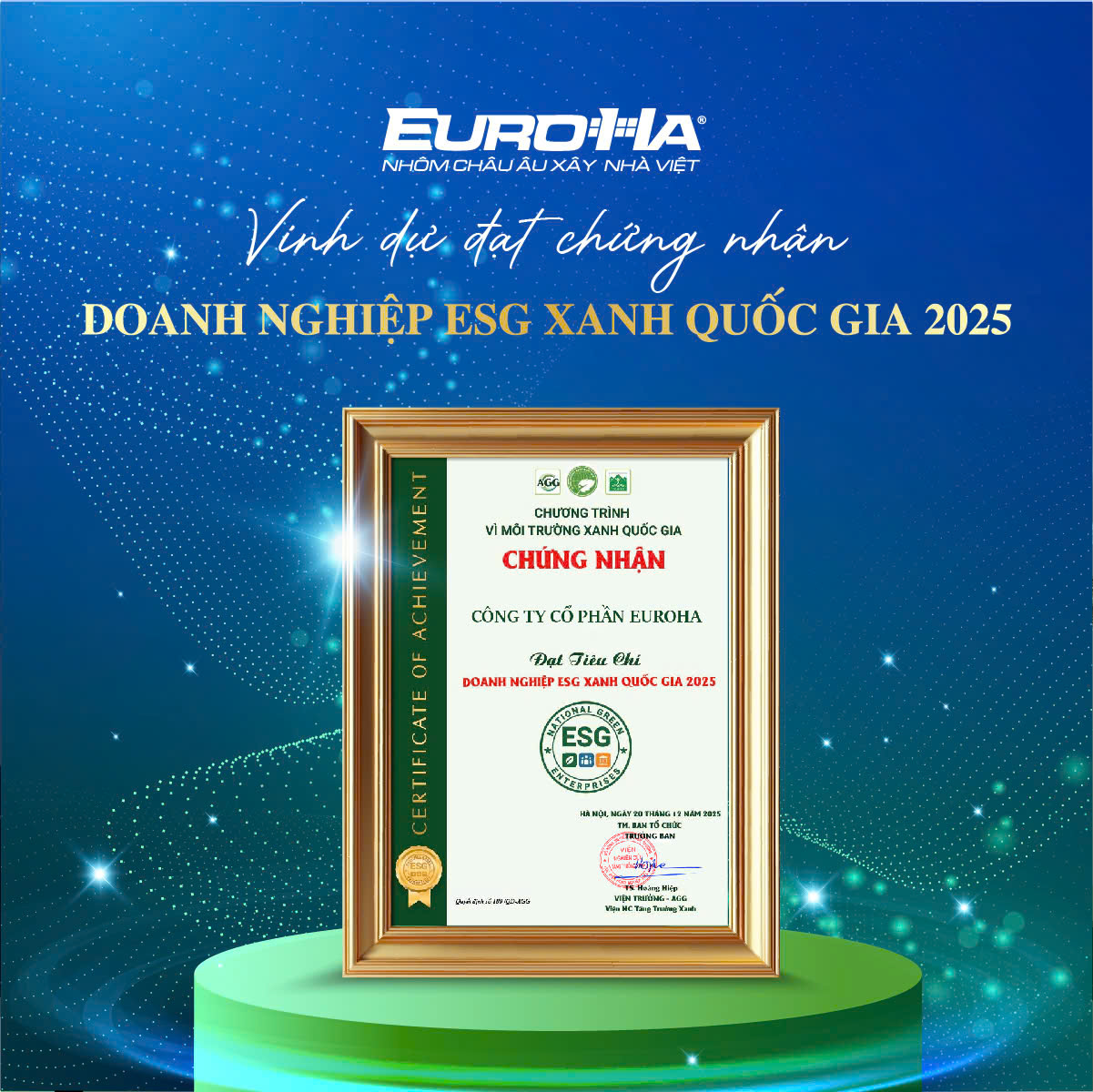 EuroHa vinh dự đạt chứng nhận Doanh nghiệp ESG Xanh Quốc gia 2025