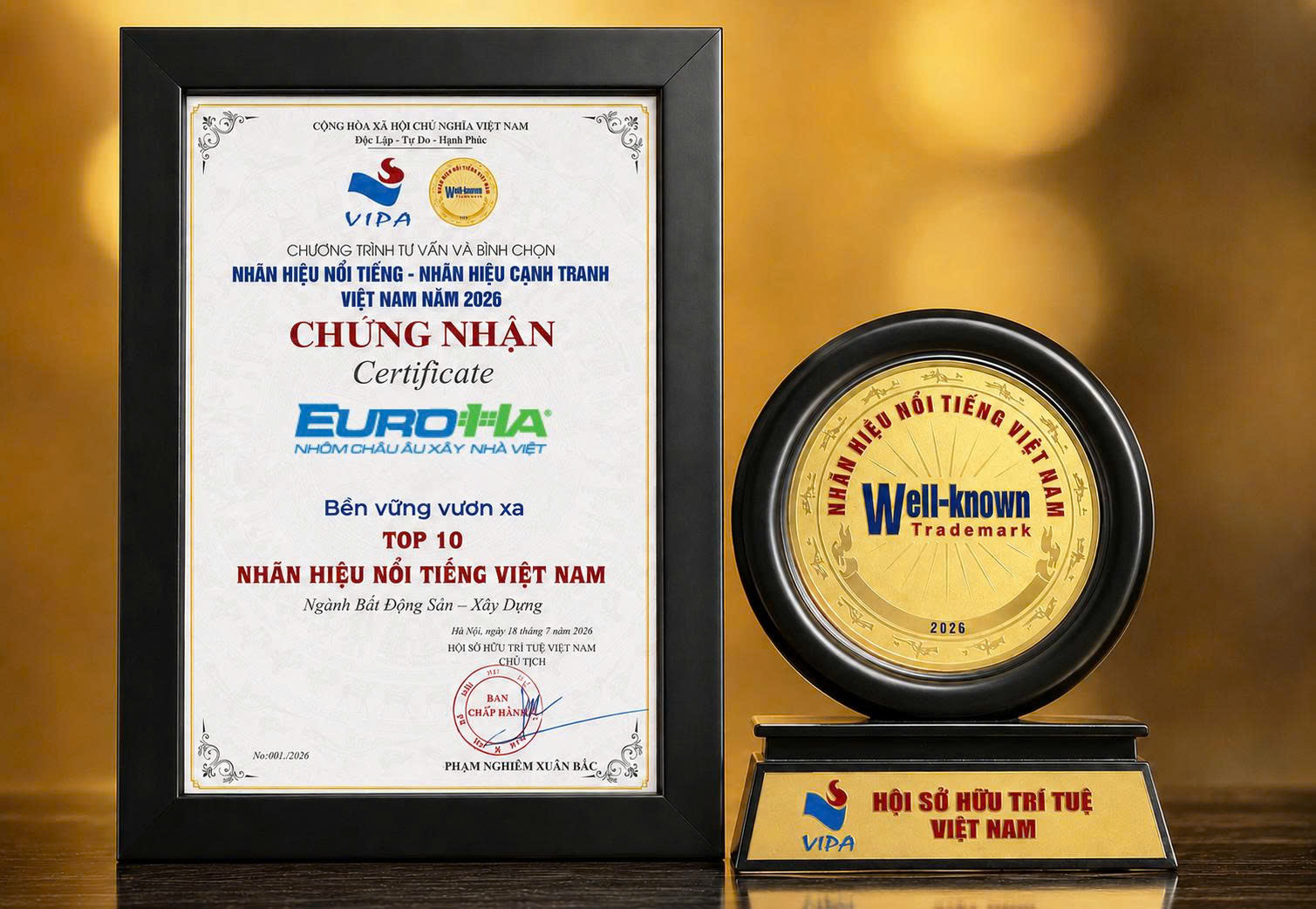 Chứng nhận, biểu trưng Top 10 Nhãn hiệu nổi tiếng Việt Nam năm 2026 dành cho Công ty Cổ phần EuroHa. Chứng nhận, biểu trưng Top 10 Nhãn hiệu nổi tiếng Việt Nam năm 2026 dành cho Công ty Cổ phần EuroHa.